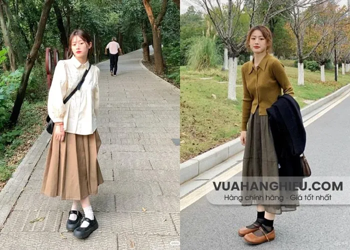 Mix giày với chân váy dài qua gối